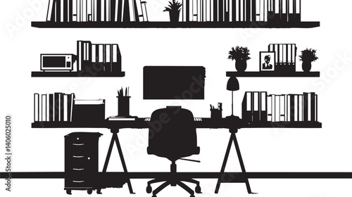 Stylish silhouette of a workspace featuring a desk, chair, bookshelves, and decorative plants.
