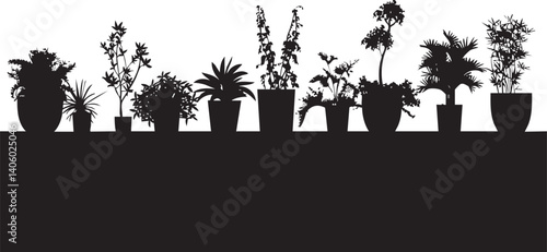 Silhouette of various potted plants arranged in a row against a white background