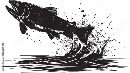 A dynamic illustration of a trout jumping out of the water with a splash.