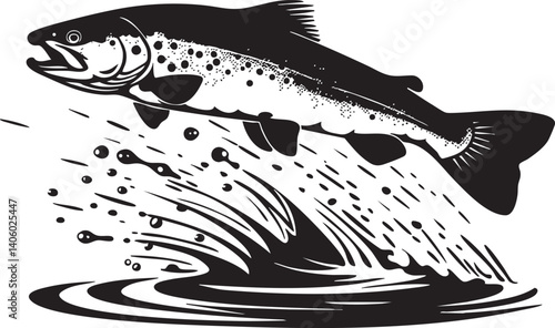 A dynamic illustration of a jumping trout fish creating a splash in the water.