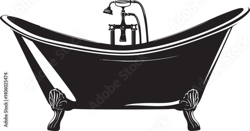 A vintage black and white illustration of a classic bathtub with elegant shell feet.