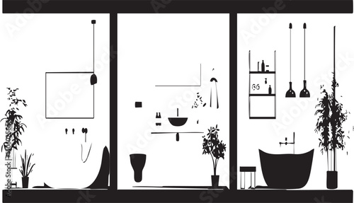 A minimalist silhouette of a modern bathroom featuring plants and stylish furnishings.