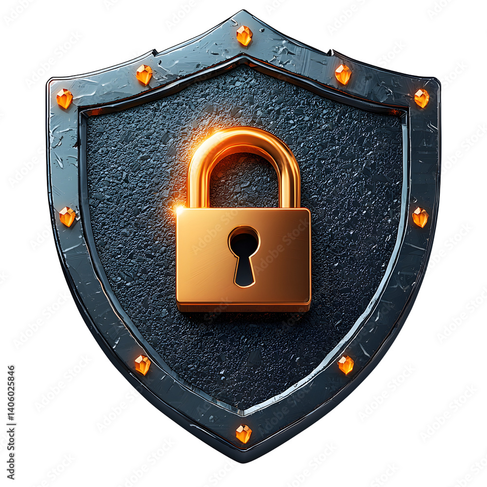 metallic shield with glowing golden lock symbolizes security and protection. shield is adorned with orange gems, adding touch of elegance and strength to design
