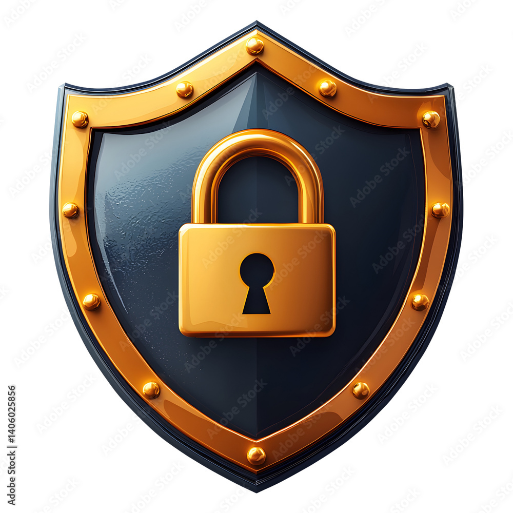 shield with golden lock symbolizes security and protection, featuring glossy metallic design. emblem conveys strength and safety, ideal for representing cybersecurity or privacy concepts