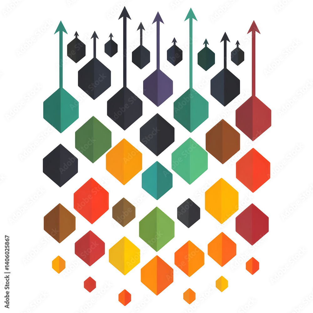 vibrant array of colorful hexagons and arrows creates dynamic pattern, symbolizing growth and progress. design features gradient of colors from red to green, with arrows pointing upwards