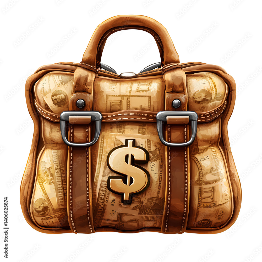 brown leather briefcase adorned with dollar symbols and currency patterns, symbolizing wealth and financial success. design is detailed and eye catching, perfect for representing business