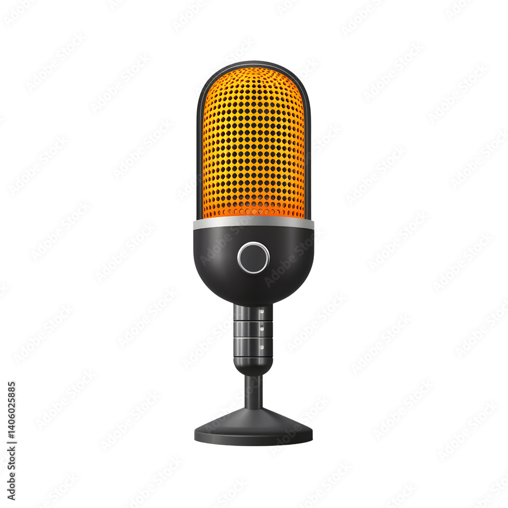vintage style microphone with black base and orange mesh, evoking sense of nostalgia and classic broadcasting. microphone stands upright, ready for use in studio setting