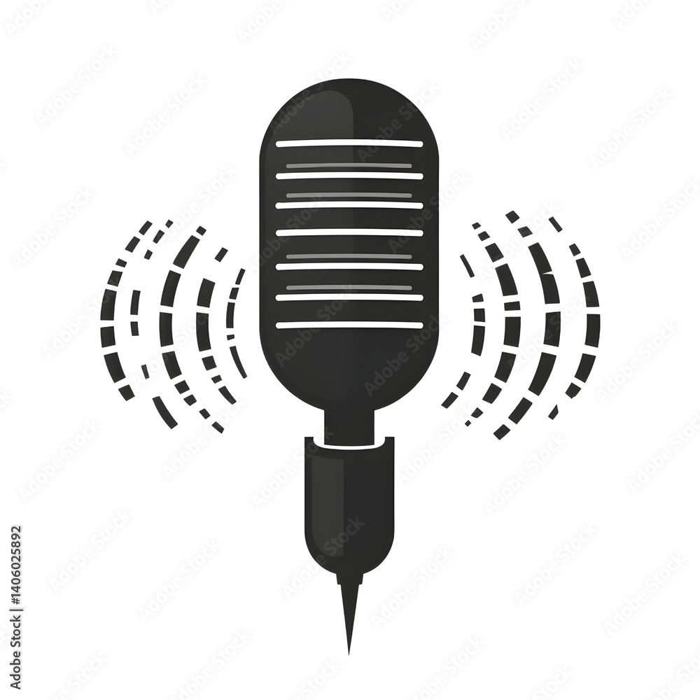 vintage style microphone icon with sound waves emanating from it, symbolizing audio recording or broadcasting. design is simple and monochromatic, ideal for media related themes