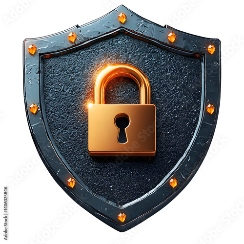 Obraz na płótnie metallic shield with glowing golden lock symbolizes security and protection. shield is adorned with orange gems, adding touch of elegance and strength to design w salonie