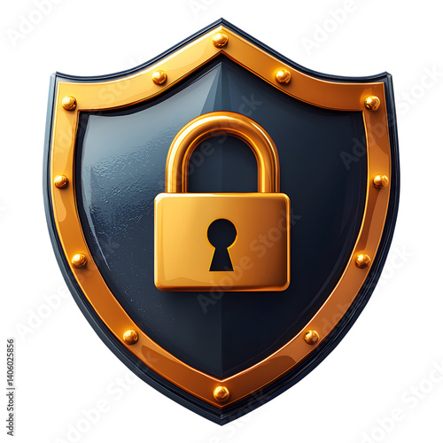 Obraz na płótnie shield with golden lock symbolizes security and protection, featuring glossy metallic design. emblem conveys strength and safety, ideal for representing cybersecurity or privacy concepts w salonie