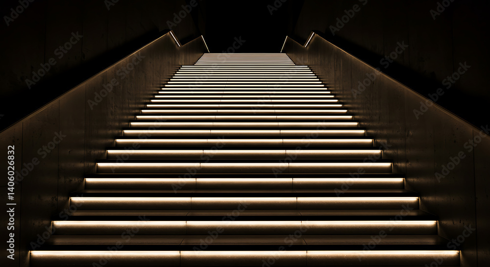 Fototapeta premium Illuminated staircase leading upwards, warmly lit against a dark backdrop, creating a path of light and shadow.