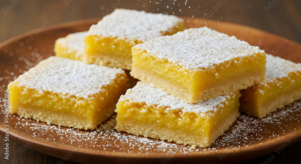 Delicious lemon bars dusted with powdered sugar on a rustic wooden plate Delicious lemon bars dusted with powdered sugar on a rustic wooden plate