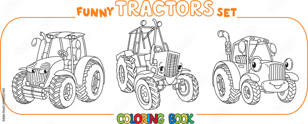 Fototapeta premium Funny vector tractors with eyes. Coloring book set