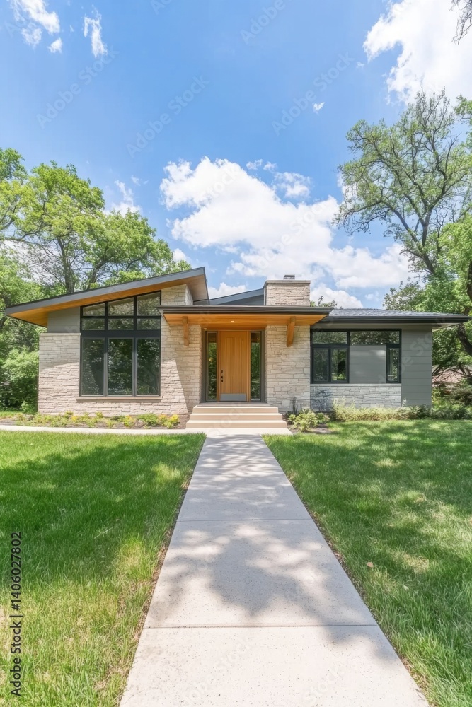 Fototapeta premium Modern single-story house with large windows set in a green landscape on a sunny day, showcasing contemporary architecture and inviting entrance pathway