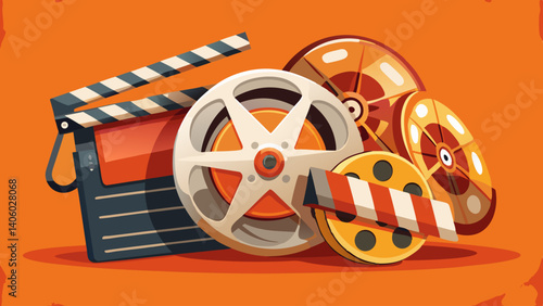 Film reel, movie clapper on orange background. Cinema tech concept. Retro vintage movie studio scene. Film production art. Vintage film reel, clapper board props. Classic movie studio tech .