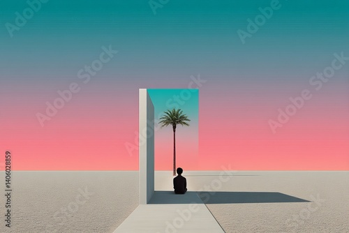 Obraz na płótnie Surreal doorway in flat landscape opening to tropical palm tree and pink blue sky evoking hope alternate reality and concept of future access beyond limits w salonie