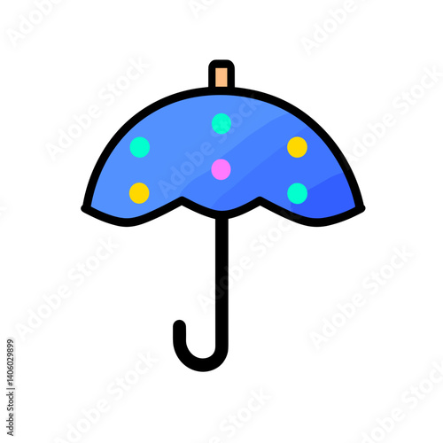 Colorful umbrella icon with polka dots in a flat design  