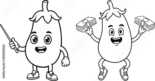 Cute & Funny Cartoon Eggplant Characters Line Art Vector Set – Hand-Drawn Vegetable Clipart Collection