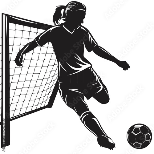 Female soccer silhouette kicking ball into goal vector illustration