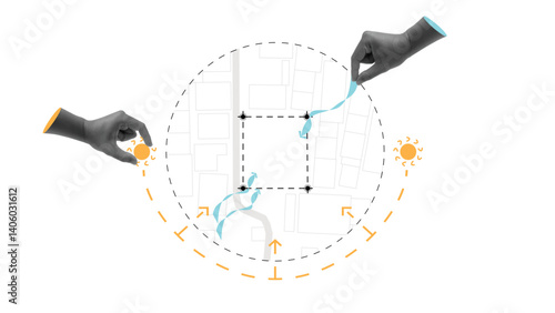 architecture site analysis symbol icon element drawing graphic flat isolated vector. architecture element line sun wind sound sun path vegetation.