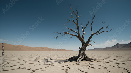 An image of a dead tree standing alone in a dry, cracked desert landscape, emphasizing the starkness and beauty in desolation, and the passage of time.