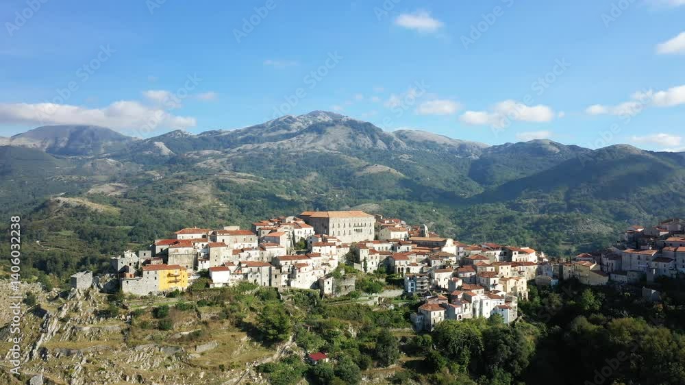 The fortified village of Aieta overlooking the valleys in Europe, Italy, Calabria, in summer, on a sunny day. The fortified village of Aieta overlooking the valleys in Europe, Italy, Calabria, in summer, on a sunny day.