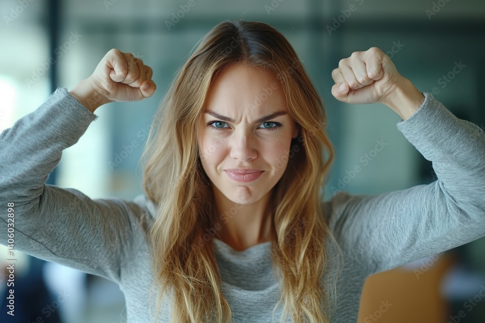 Young woman expressing determination and strength in a modern office setting