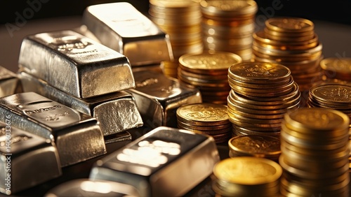 Several stacks of gold coins and silver bars are arranged on a reflective surface. The coins are neatly piled, while the silver bars are scattered, emphasizing wealth, investment, and financial securi