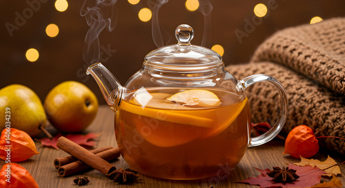 Cozy Autumn Still Life With Pear And Cinnamon Tea In Teapot