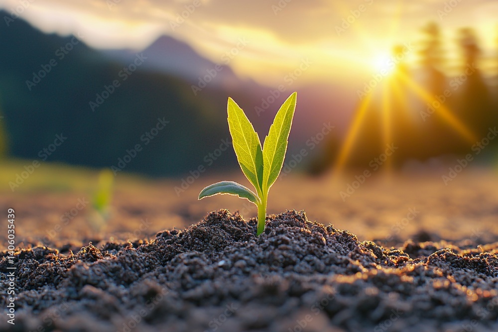 Small green plant is growing in the dirt
