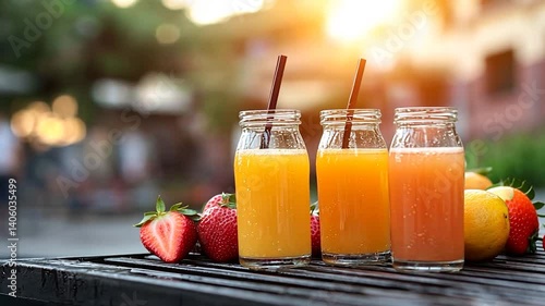 Refreshing assortment of fruit juices in glass bottles with fresh strawberries and citrus in sunlight