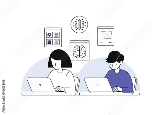 AI technology in education set. Student and teacher characters using artificial intelligence generative tools for learning, teaching, school lesson planning, exam preparation. Vector illustration.