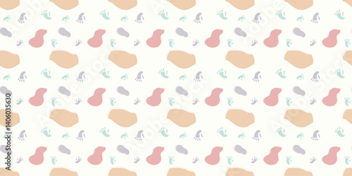 scatter seamless pattern with monkey footprints and fluid shapes