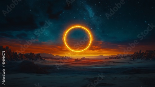Fototapeta Naklejka Na Ścianę i Meble -  A glowing orange circle above a landscape under a starry night and colorful sky with clouds above it