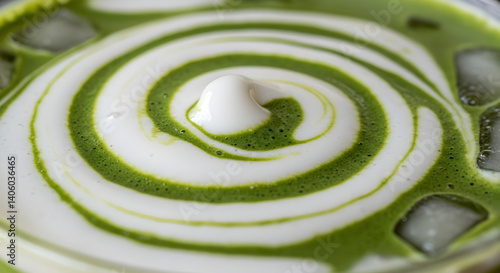 Macro shot of swirling cream in an iced matcha latte beverage close up