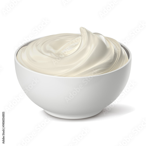 3D illustration of a bowl with sweet cream of  white chocolate, egg crean