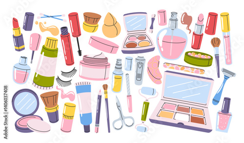 Beauty set with hand drawn skincare supplies, cosmetics, makeup products, perfumes and nail varnish