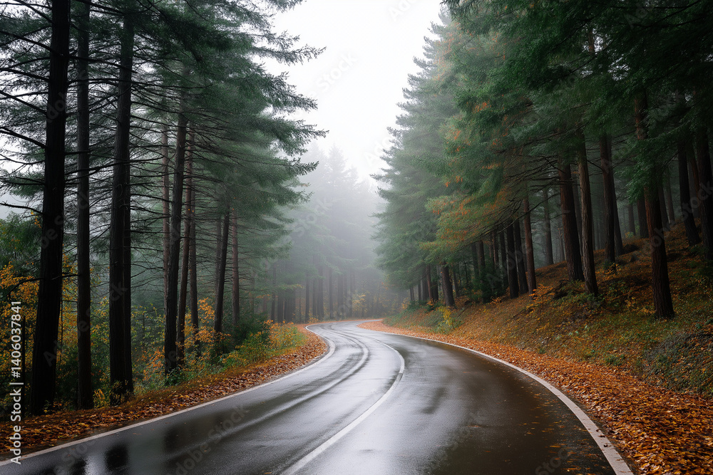 Fototapeta premium Rain‑Soaked Forest Road Curving Through Misty Pines in Autumn