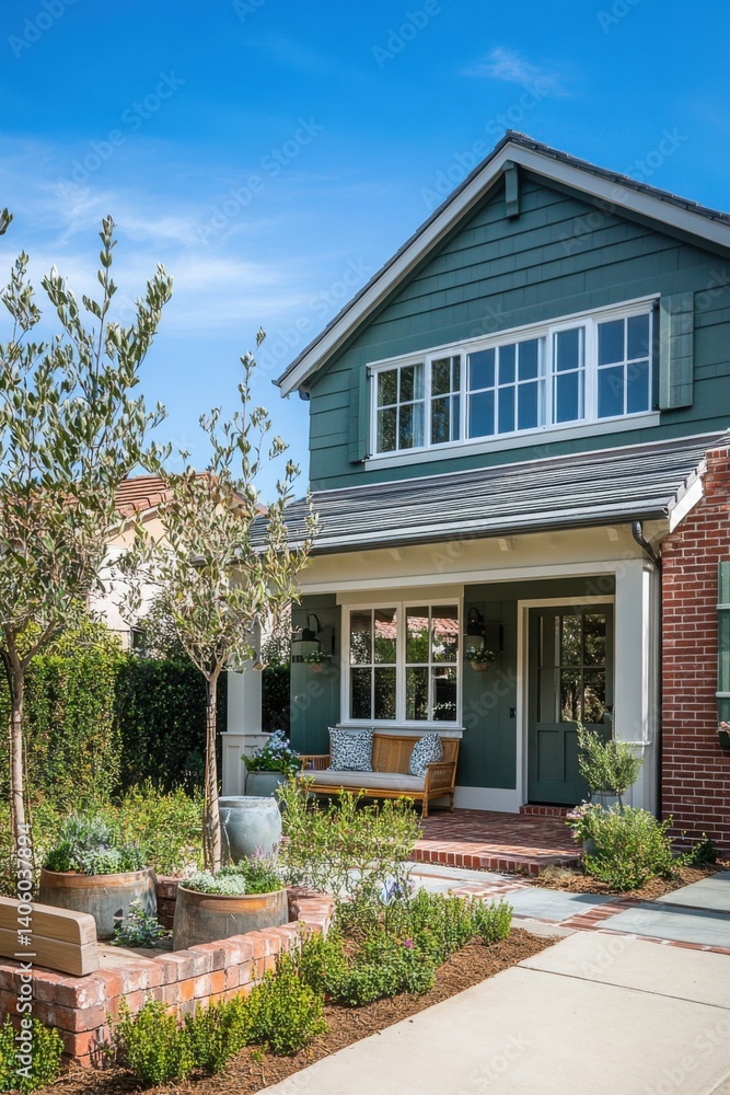 Beautiful two-story green house with well-maintained garden and cozy seating area, located in a residential neighborhood on a sunny day Beautiful two-story green house with well-maintained garden and cozy seating area, located in a residential neighborhood on a sunny day