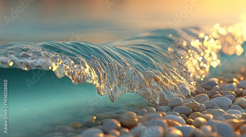Serene waves gently caress smooth pebbles under a shimmering sun at a tranquil beach setting