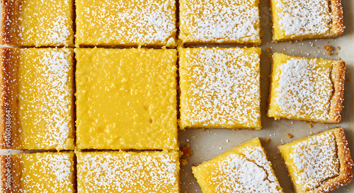 Lemon Bars With Powdered Sugar Top View Close Up