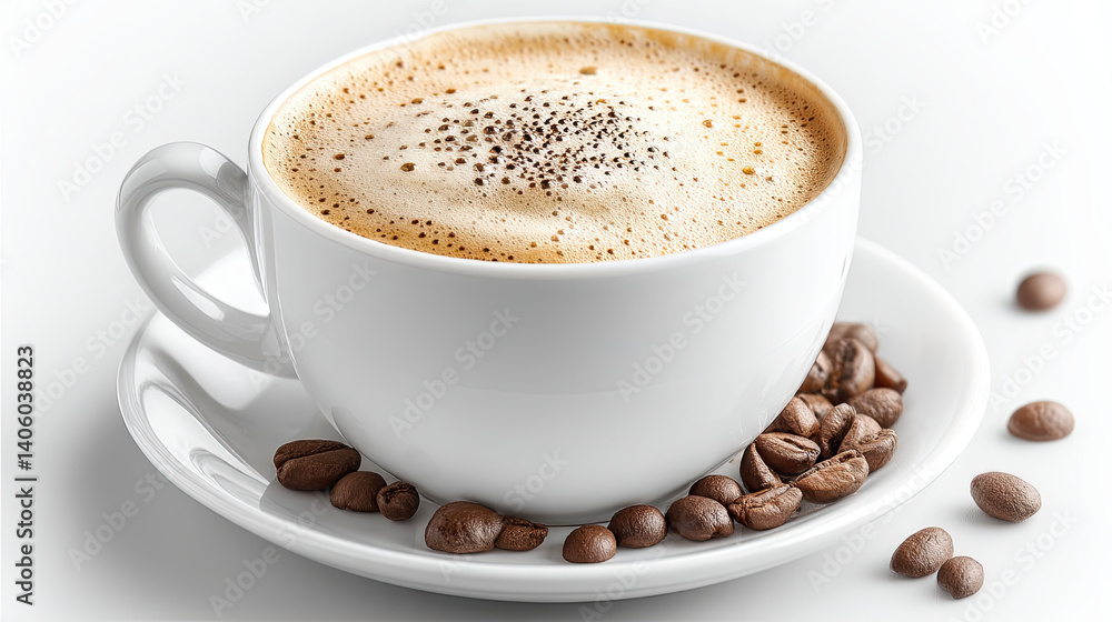 Indulging in a creamy coffee experience with aromatic beans on a pristine white backdrop Indulging in a creamy coffee experience with aromatic beans on a pristine white backdrop
