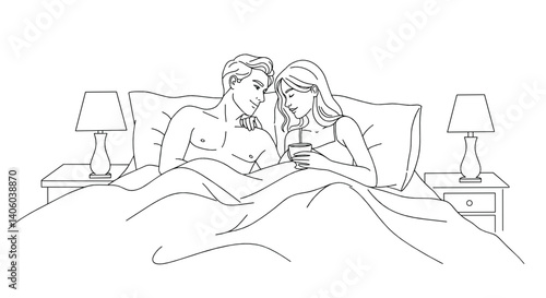 Romantic morning in bed with a couple sharing intimate moments  