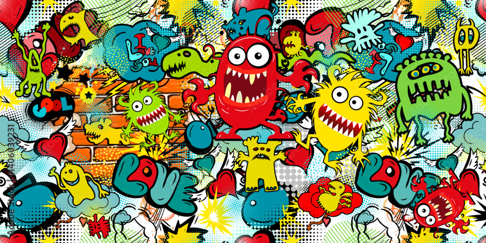 Fototapeta premium Colored seamless background with funny monsters. hand drawing. Not AI, Vector illustration.