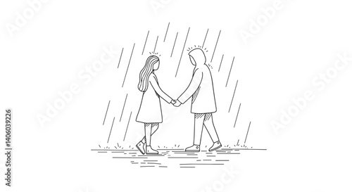 Couple holding hands in the rain, expressing love and romance  