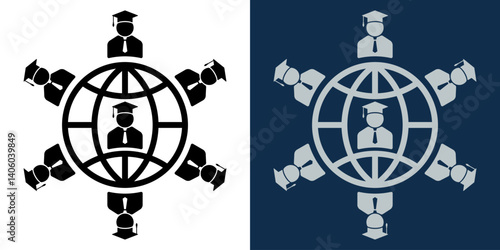 Global online education network. Virtual graduation concept. Students connected globally through digital network. Graduation cap icons around globe. Distance learning, e-learning, virtual classes