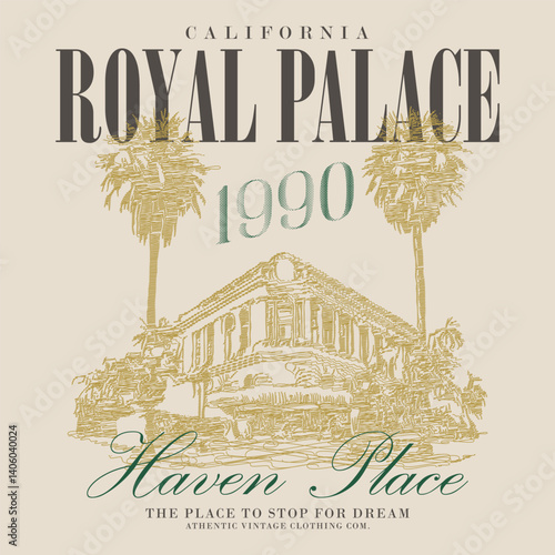 A retro vintage Royal palace hand sketch artwork for t-shirt, girls women's kids use this print, Tropical house, California 1990,  Haven house with date palm tree artwork. hand sketch artwork
