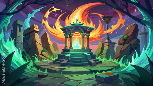 Bewitched artifact surrounded by spectral flames in a ruined tower. Ancient Eldritch Relic. Illustration