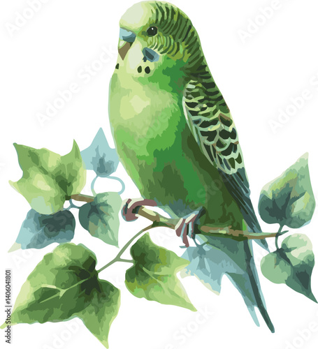 A watercolor vector illustration of an adorable green budgie