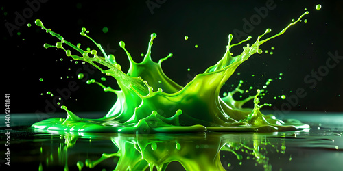 Splash of neon green liquid on a dark, matte background